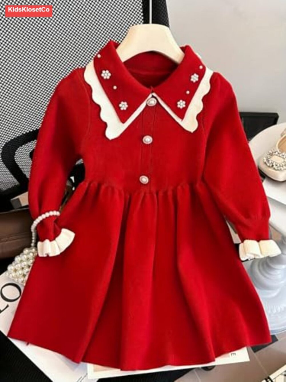 Girls Knit Sweater Dress Long Sleeve Pearl Button Fall Winter - Picture 3 of 6